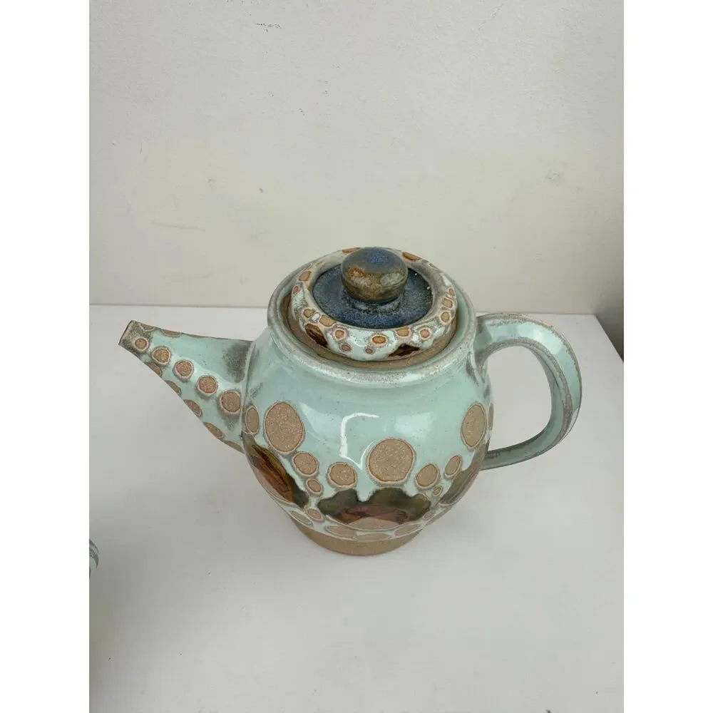 OOAK Blue Beige Ceramic Hand Thrown Pottery Tea Plate Cup Teapot Tea Set 3-Piece